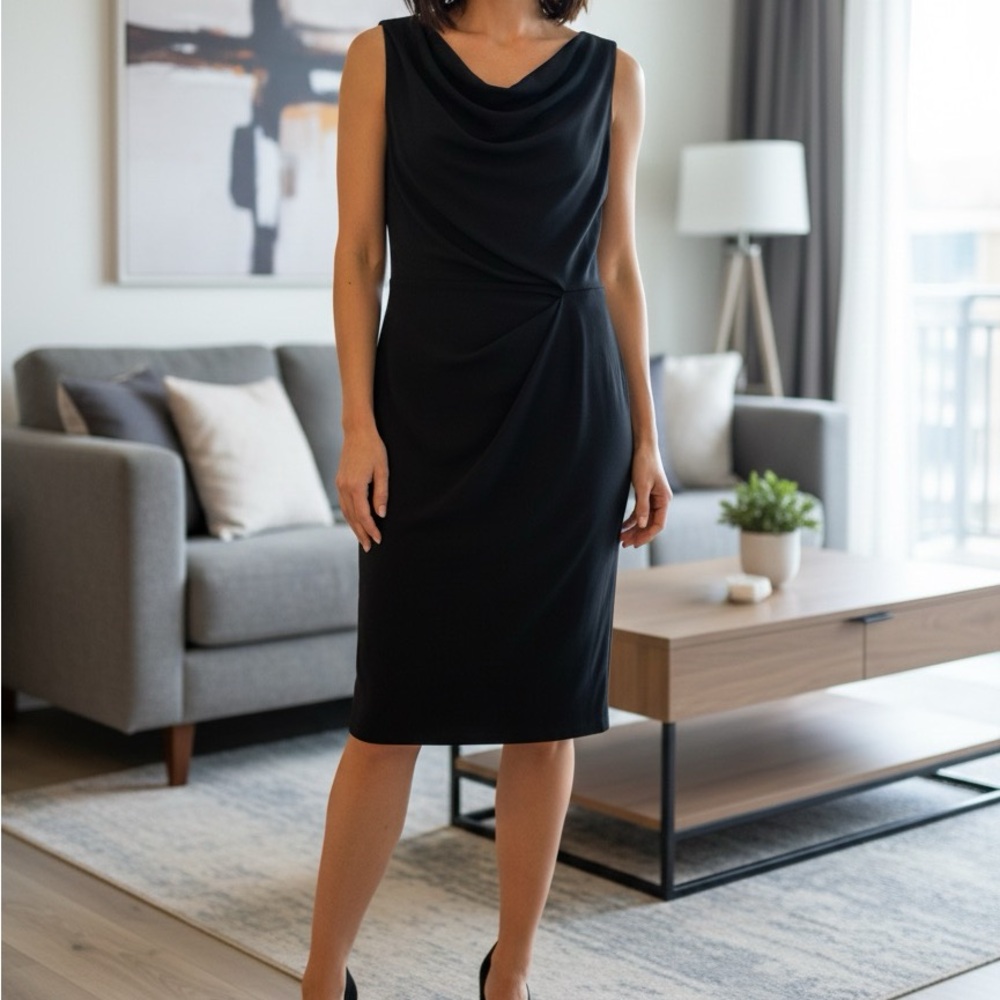 Ann Taylor Black Draped Midi Dress